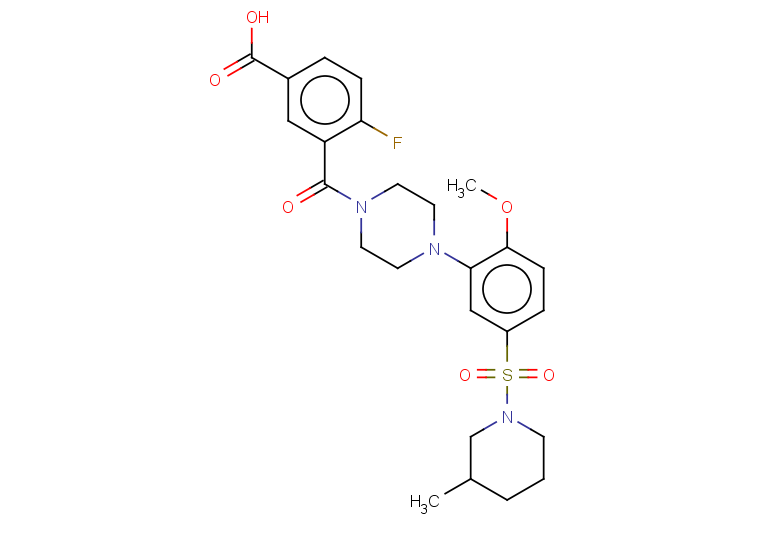 4-fluoro-3-(4-(2-methoxy-5-((3-methylpiperidin-1-yl)sulfonyl)phenyl)piperazine-1-carbonyl)benzoic acid