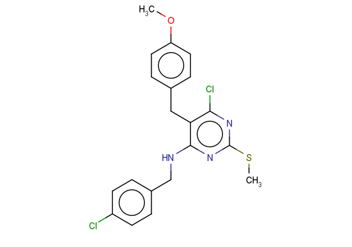 6-chloro-N-[(4-chlorophenyl)methyl]-5-[(4-methoxyphenyl)methyl]-2-(methylsulfanyl)pyrimidin-4-amine